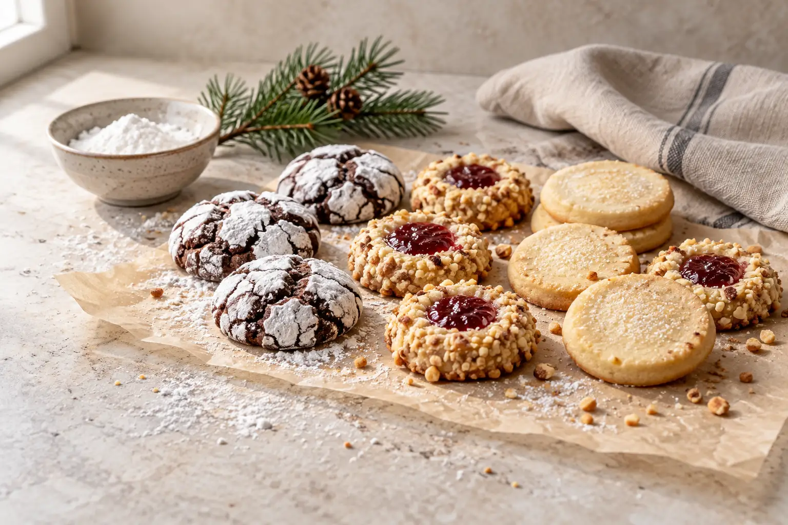 Crinkle cookies, jam thumbprints and shortbread laid out on a sheet of parchment