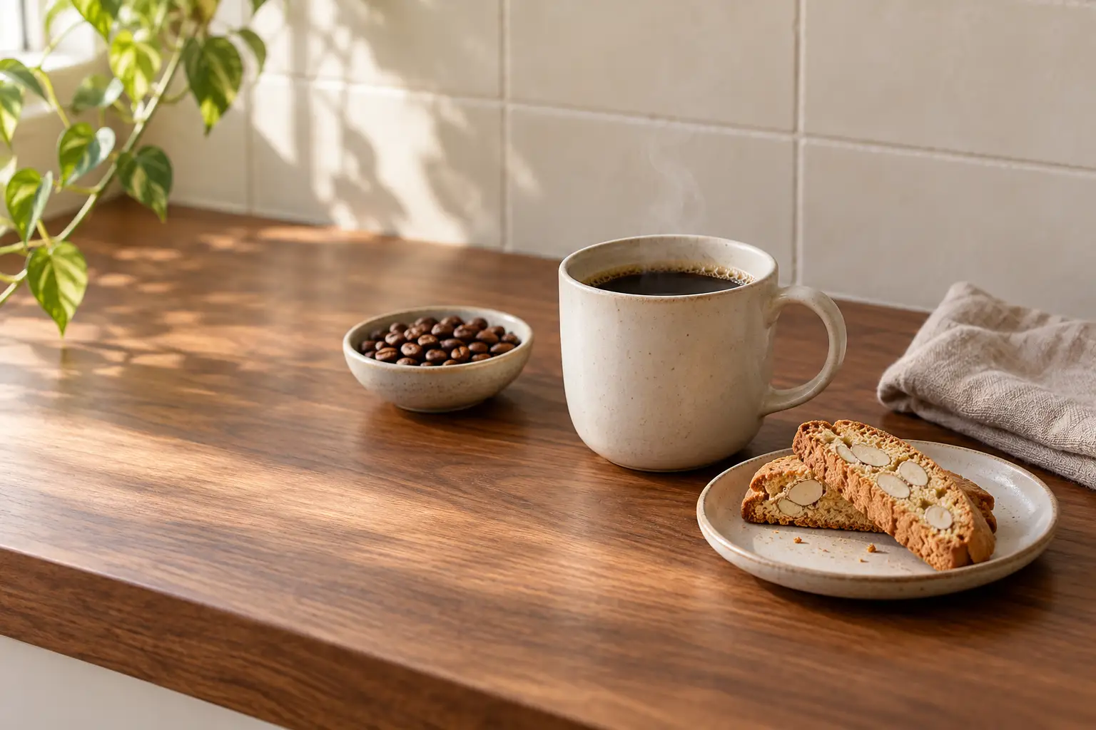 A mug of coffee beside a plate of biscotti and a scatter of roasted coffee beans