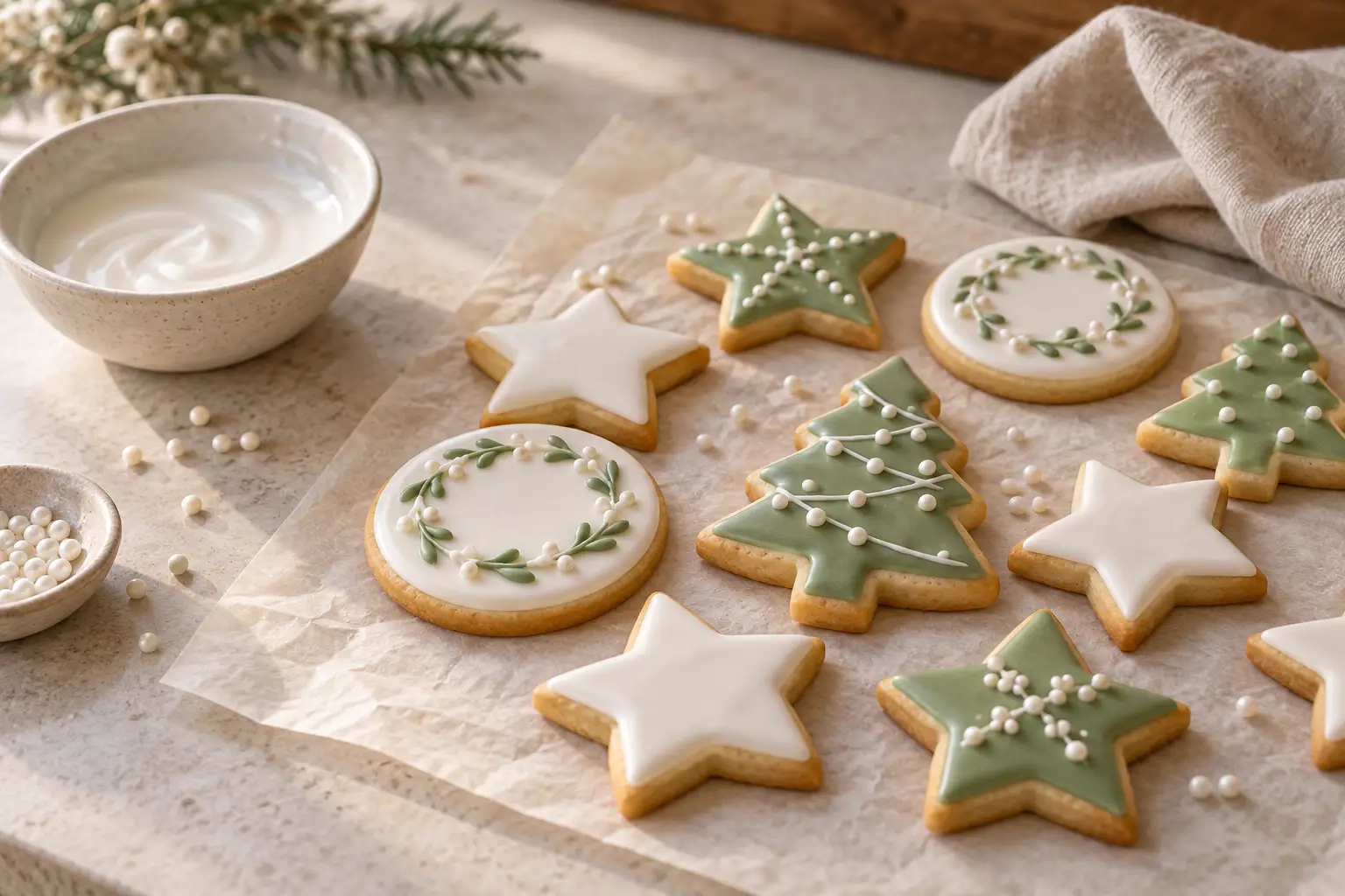 White and sage green iced cookies in star, tree and round shapes laid out to dry