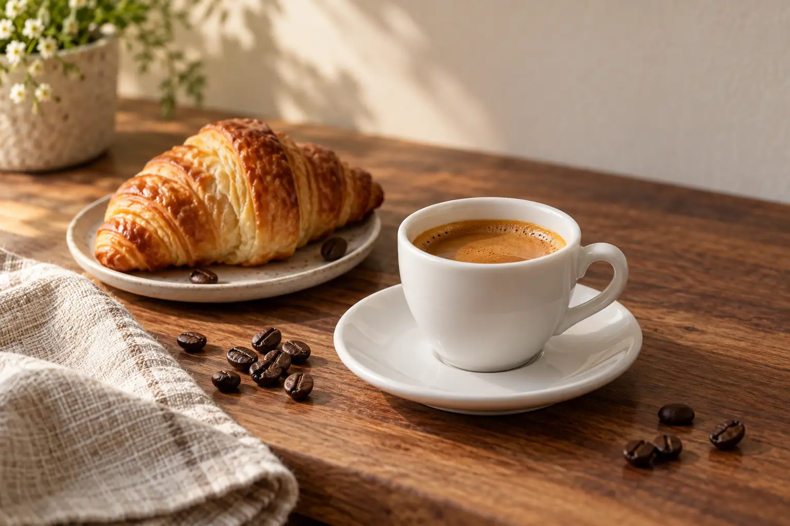 A small cup of espresso with a layer of golden crema beside a croissant