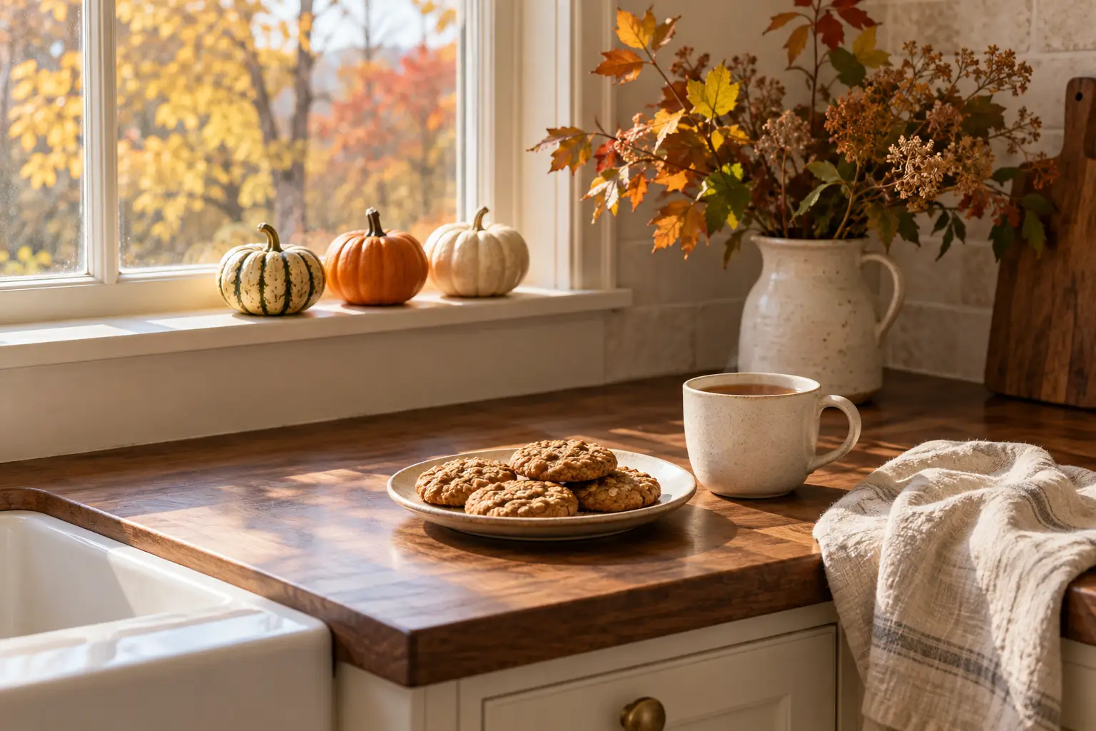 Three small pumpkins on a sunny windowsill above a wooden counter with a plate of oatmeal cookies, a mug of tea and a folded linen towel
