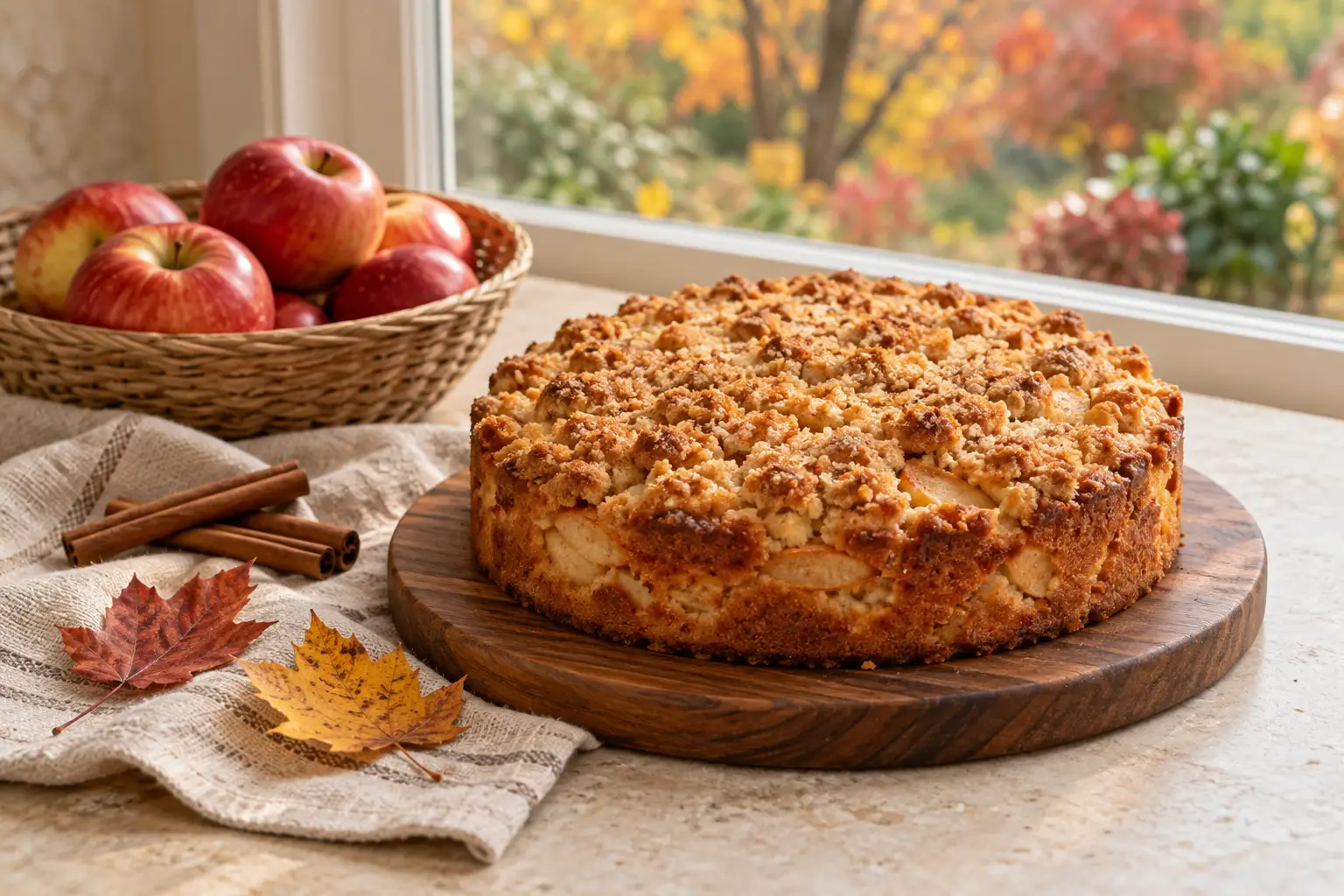 An apple crumb cake on a counter beside a basket of red apples