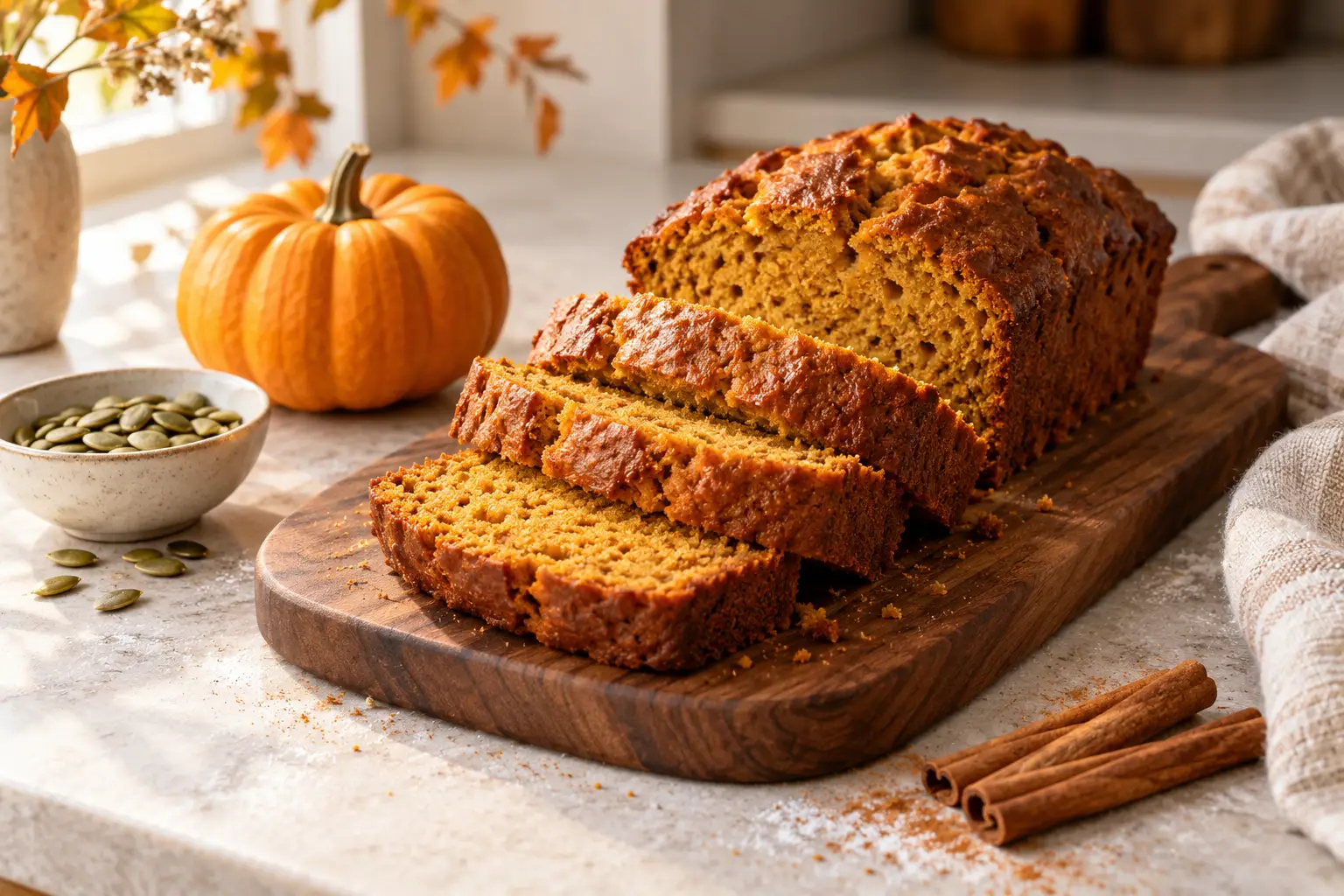 Slices of pumpkin bread on a wooden board beside a small orange pumpkin