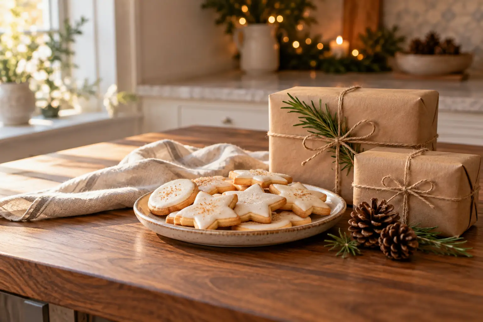 Iced star cookies beside small parcels wrapped in kraft paper and tied with string