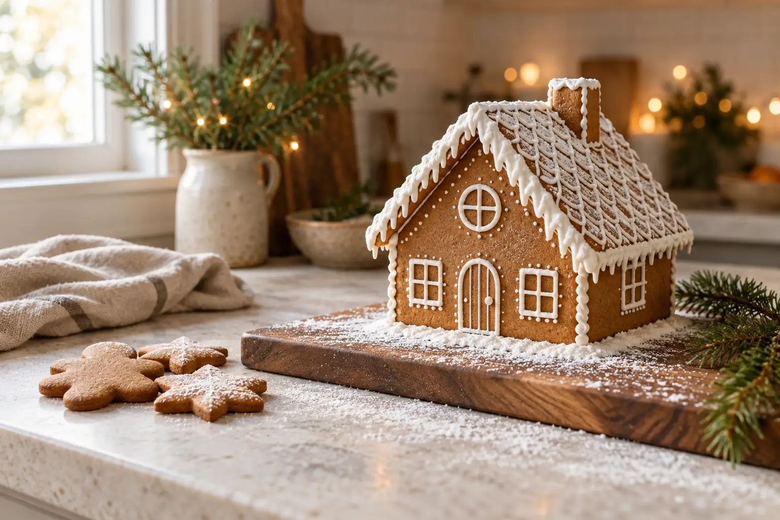An iced gingerbread house with a snow-covered roof standing on a wooden board
