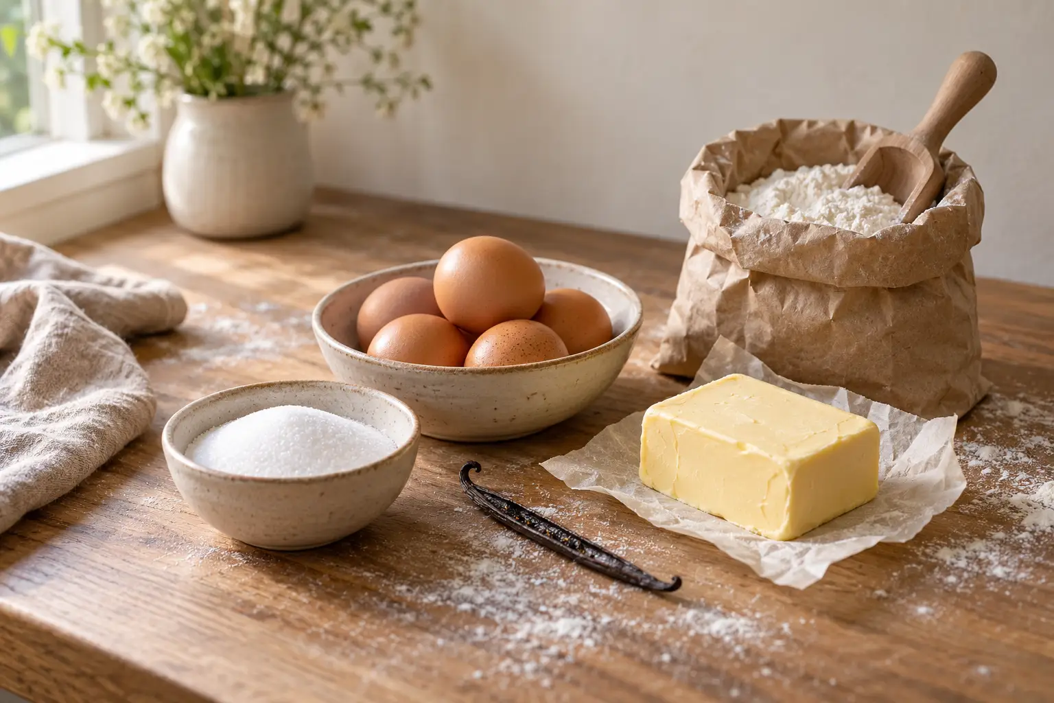 Eggs, butter, a bowl of sugar and an open sack of flour on a floured walnut baking bench