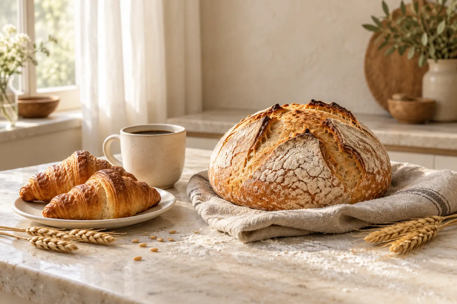 A crusty round loaf on oat linen beside two croissants and a cup of black coffee on a floured stone bench