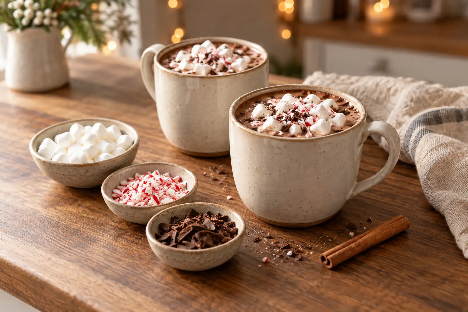 Two mugs of hot chocolate heaped with marshmallows beside small dishes of toppings