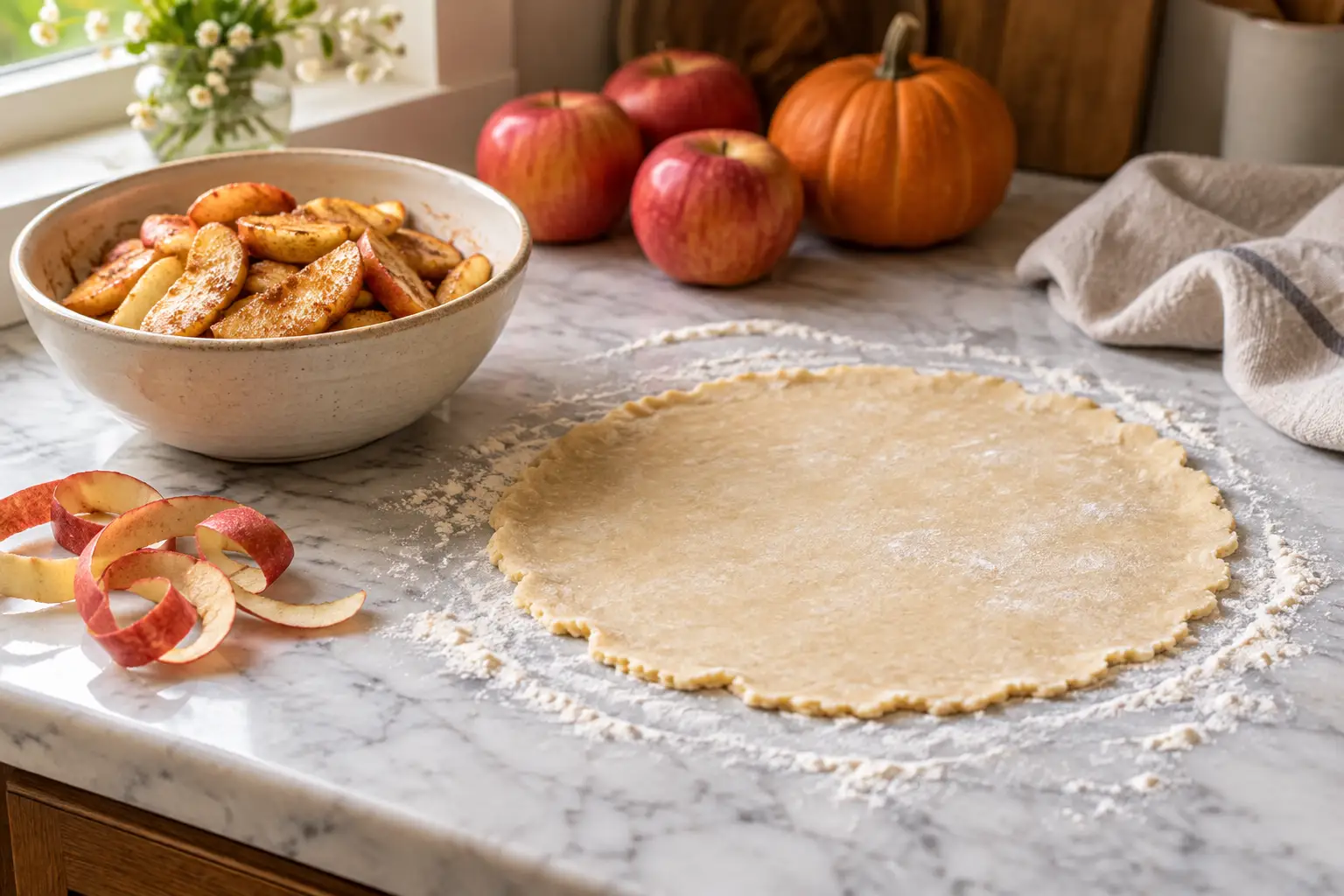 A round of rolled pie dough beside a bowl of sliced apples dusted with cinnamon