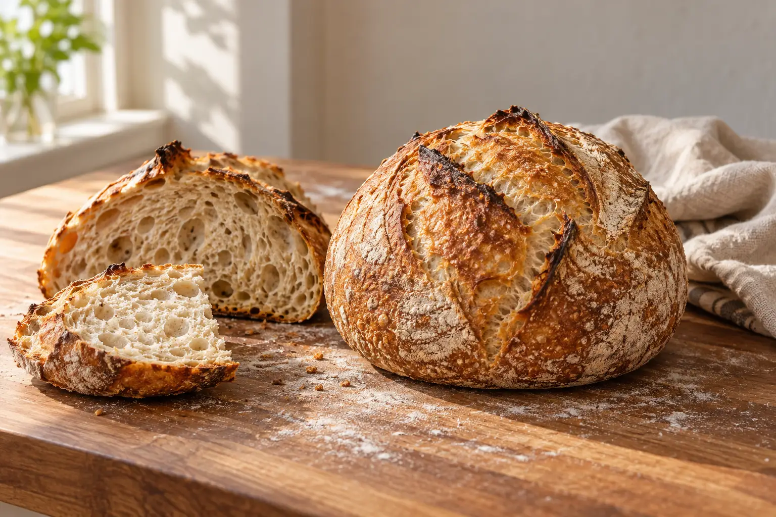 A scored round sourdough loaf and a cut loaf resting on a floured wooden bench