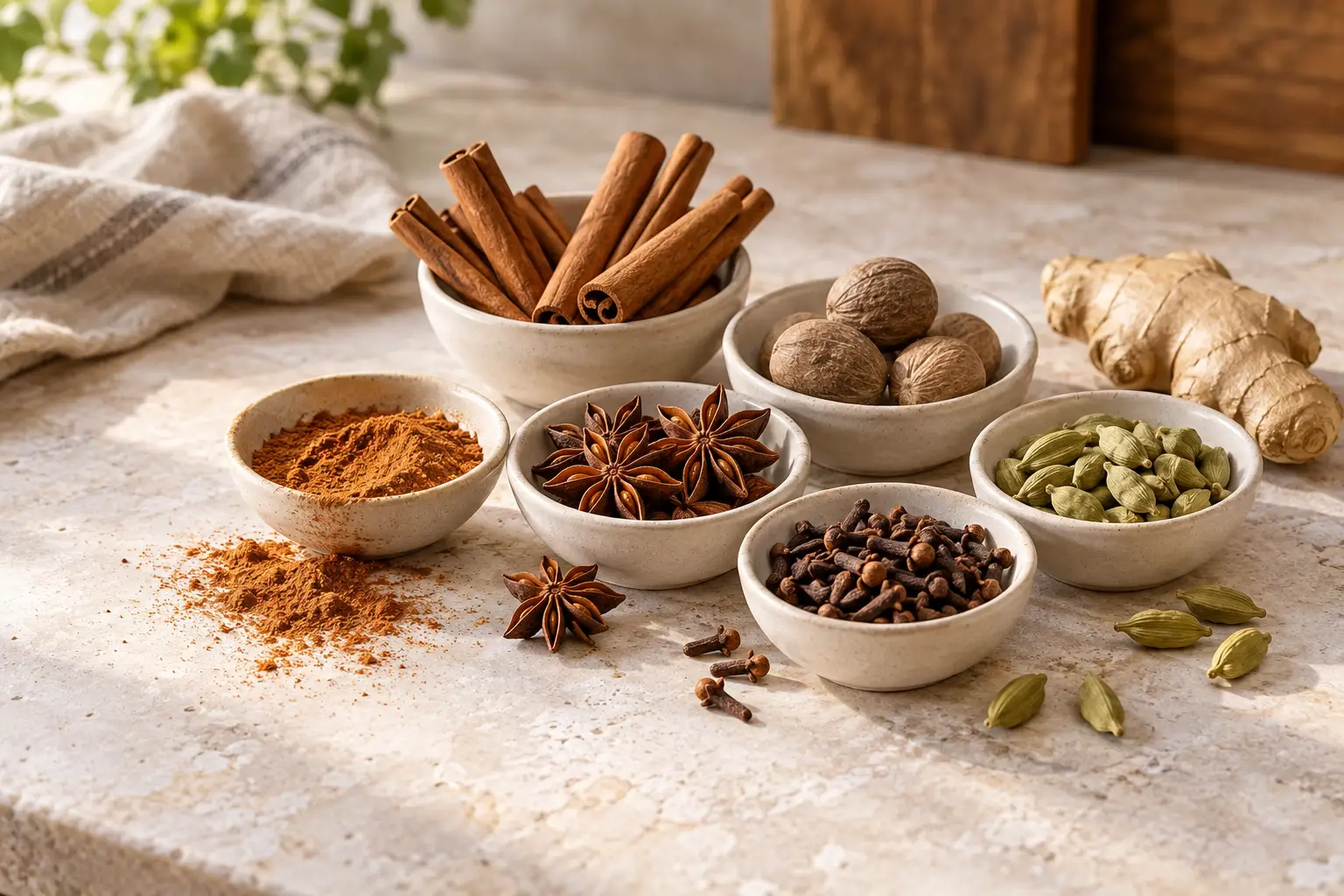 Small cream bowls of cinnamon sticks, whole nutmeg, star anise, cloves, green cardamom and ground cinnamon beside fresh ginger on a pale stone counter