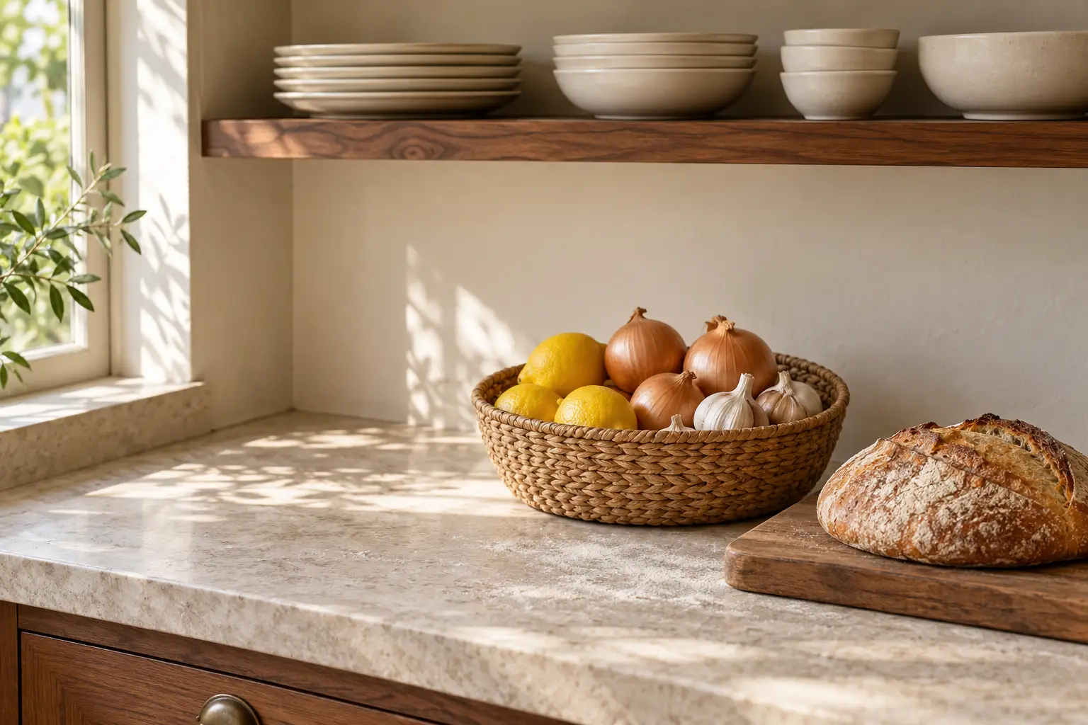 An open wooden shelf of plates and bowls above a stone counter, with a woven basket of lemons, onions and garlic and a crusty loaf on a board